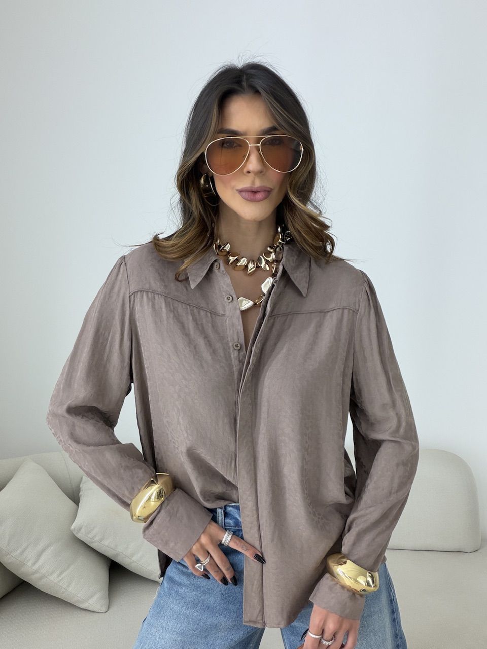 CAMISA SILVANA ANIMAL PRINT CAQUI - 0080350096 - CAROLLA FERRARO