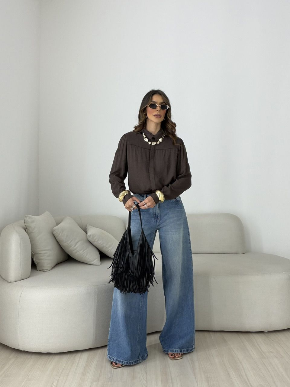 CAMISA SILVANA ANIMAL PRINT MARROM