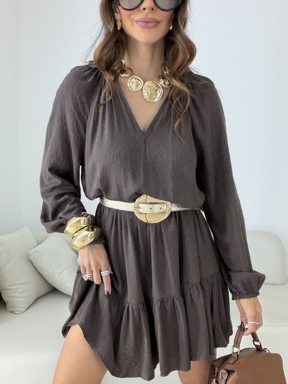 VESTIDO FERNANDA MANGA LONGA MARROM