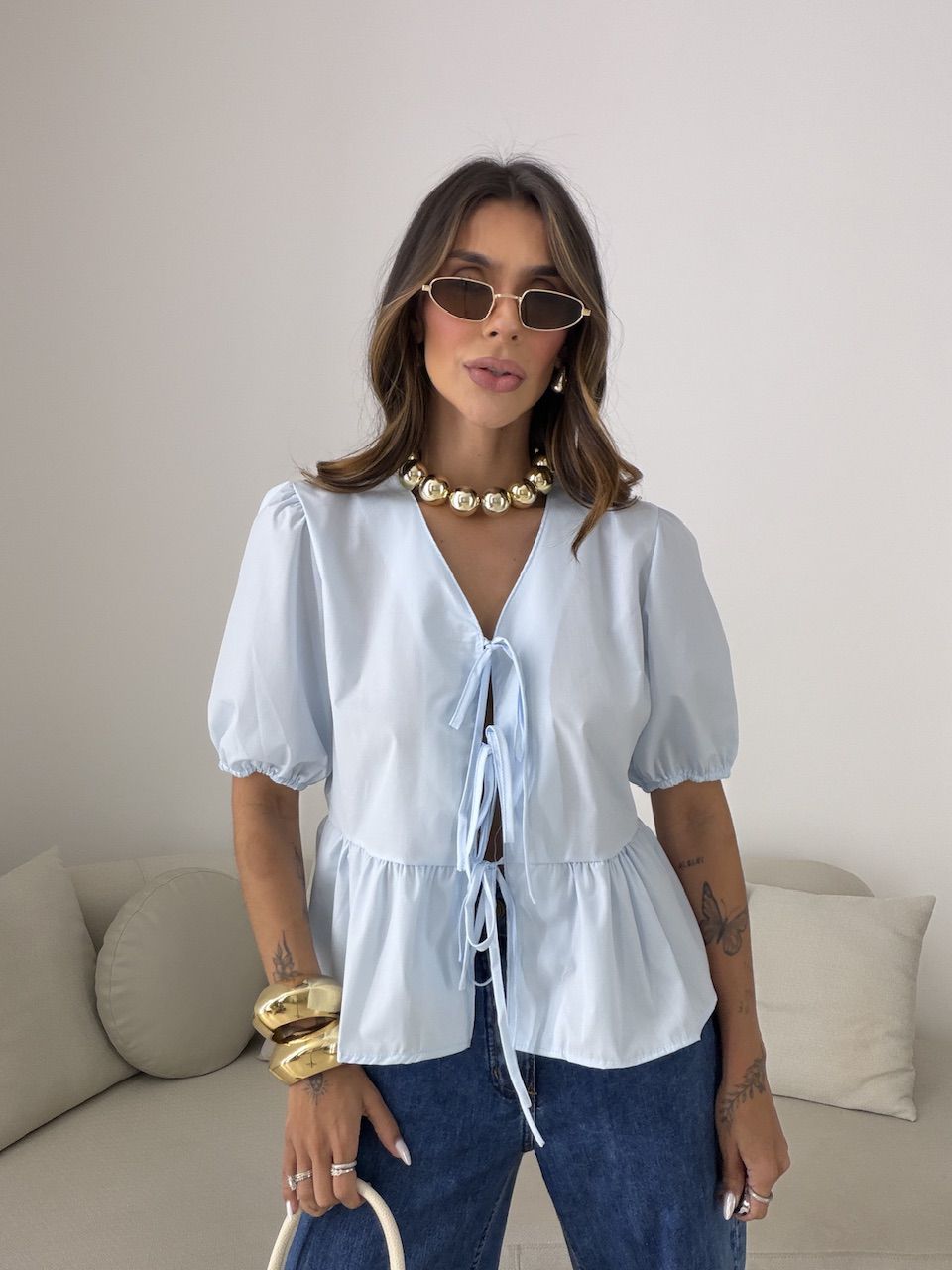 BLUSA MAFER AMARRAÇÃO AZUL - 0081430109 - CAROLLA FERRARO
