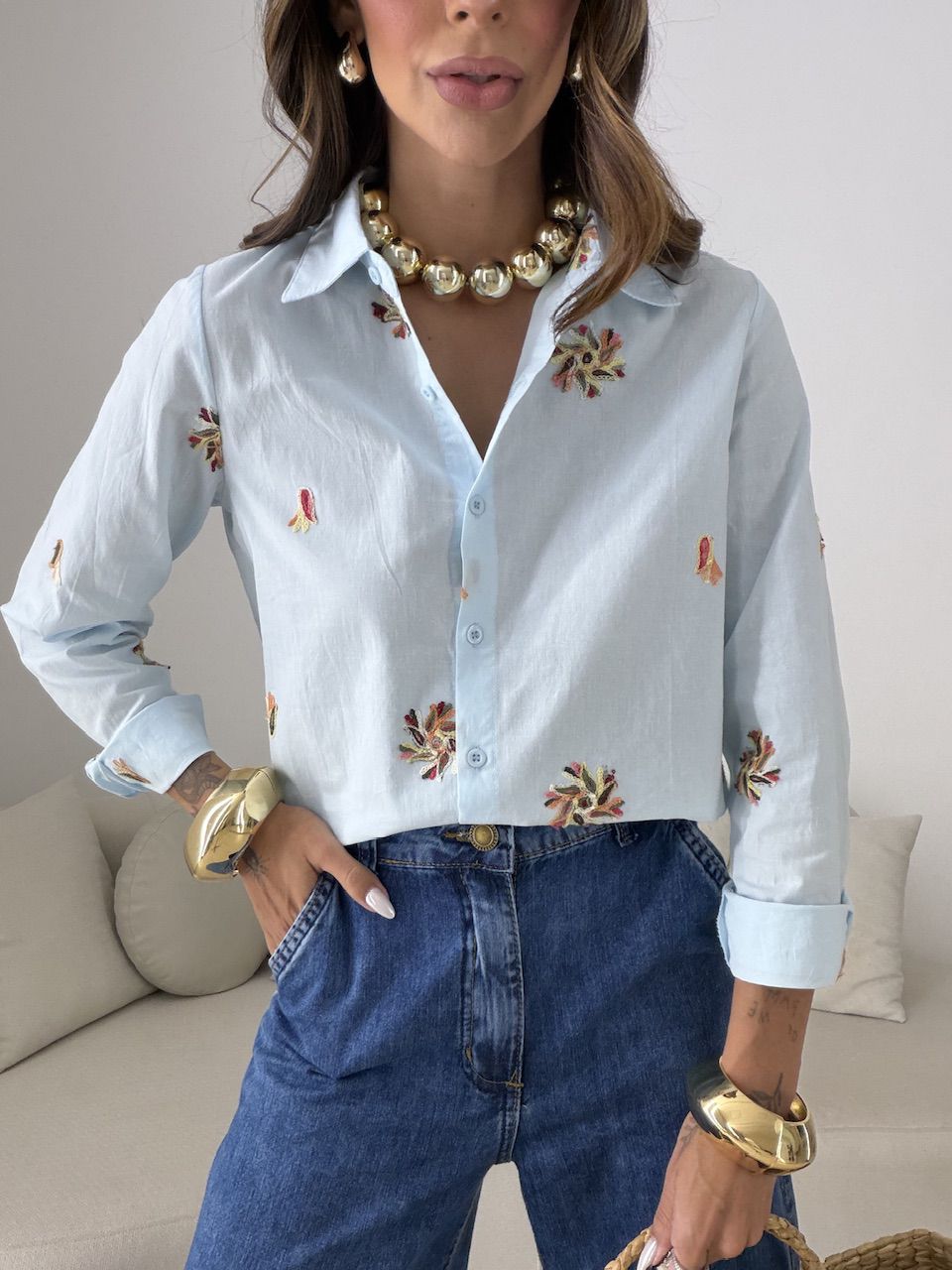 CAMISA RITA BORDADA AZUL