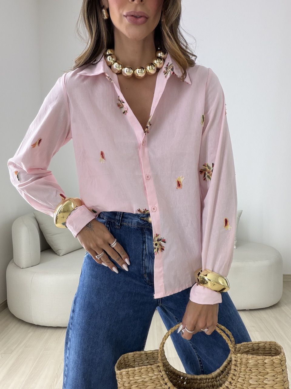CAMISA RITA BORDADA ROSA