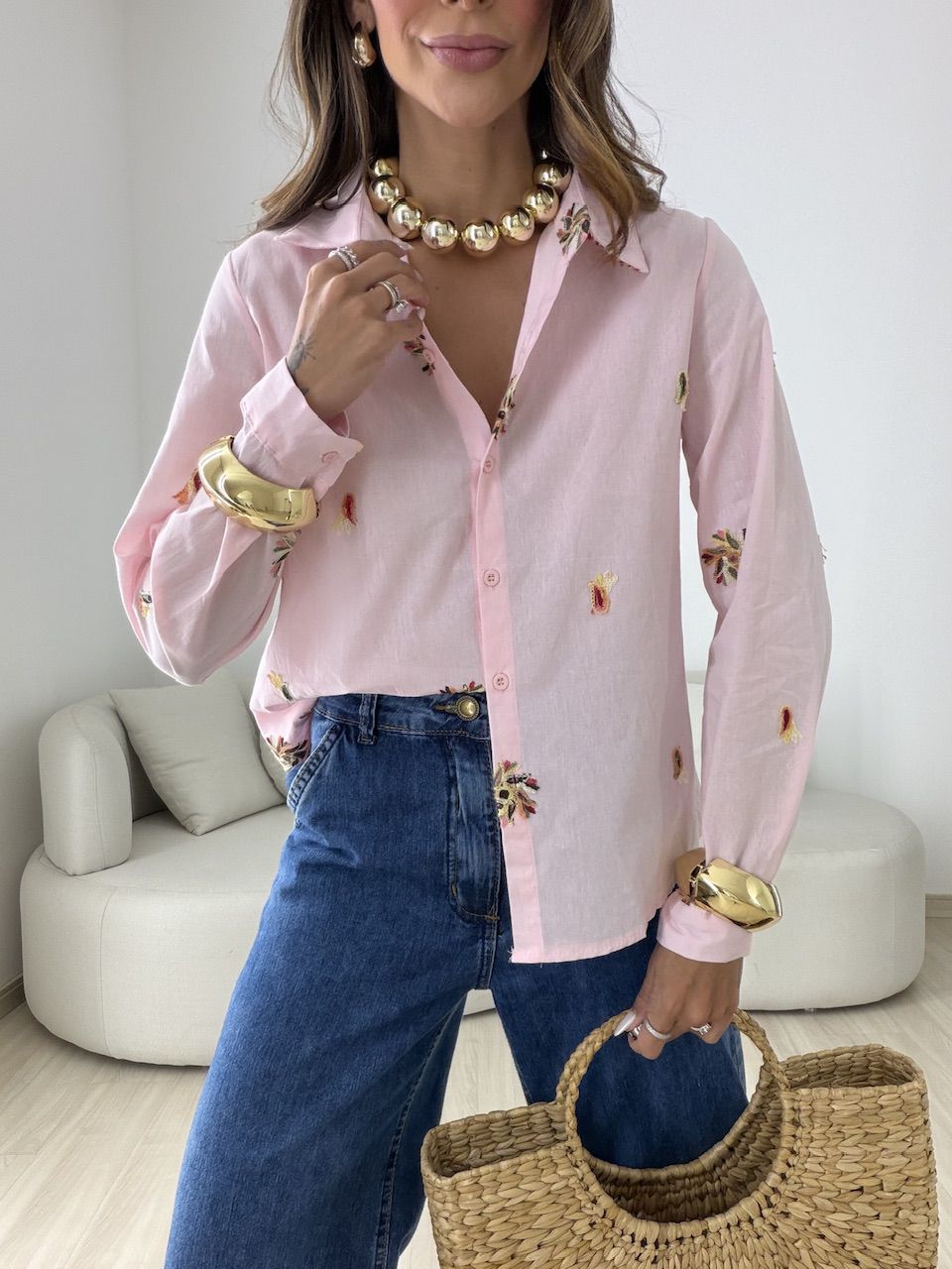 CAMISA RITA BORDADA ROSA