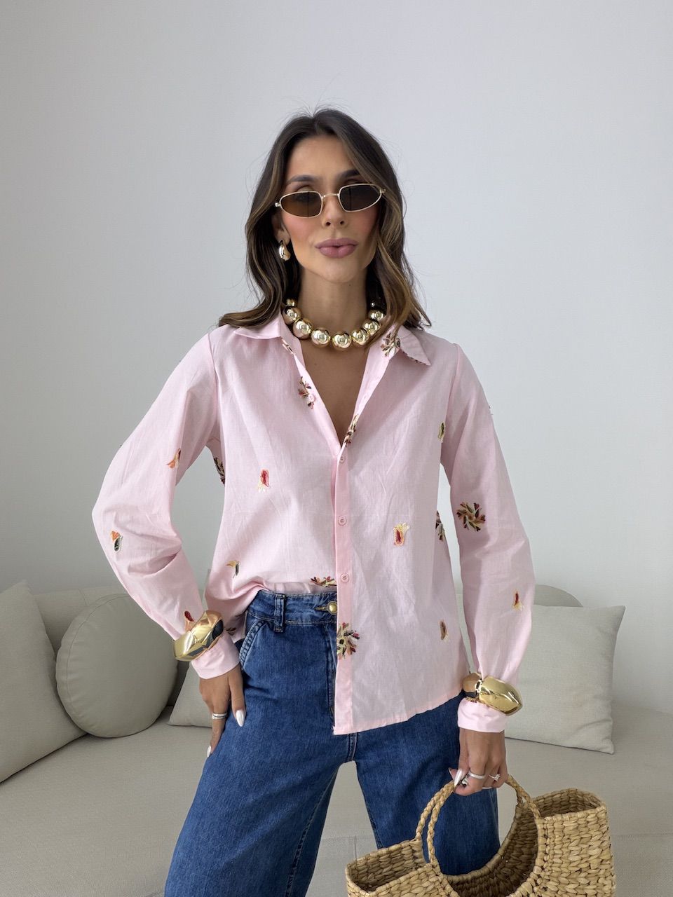 CAMISA RITA BORDADA ROSA - 0081420031 - CAROLLA FERRARO
