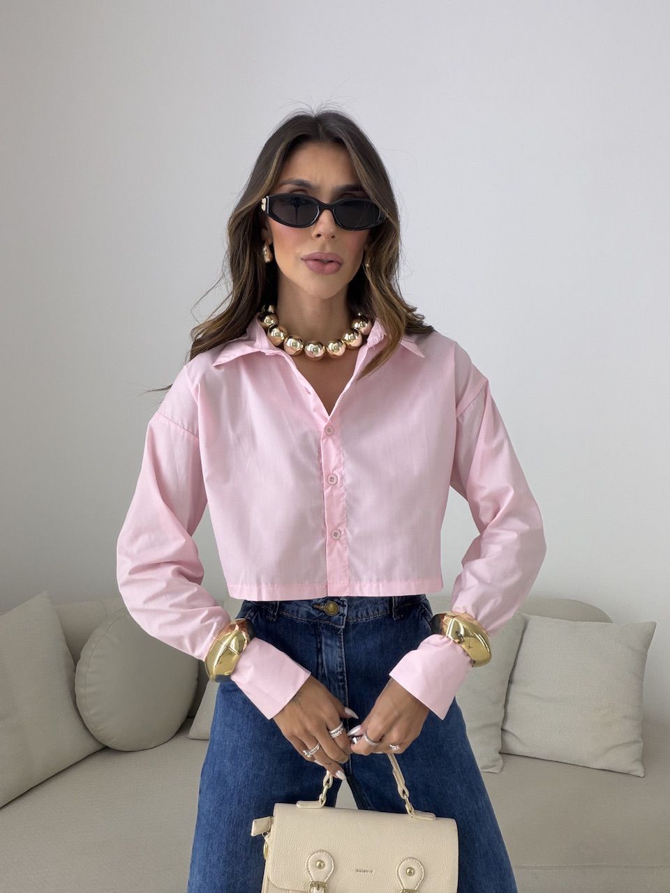 CAMISA VERÔNICA CROPPED ROSA - 0081460031 - CAROLLA FERRARO