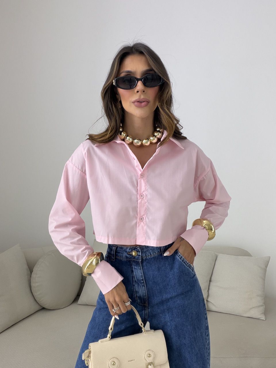CAMISA VERÔNICA CROPPED ROSA