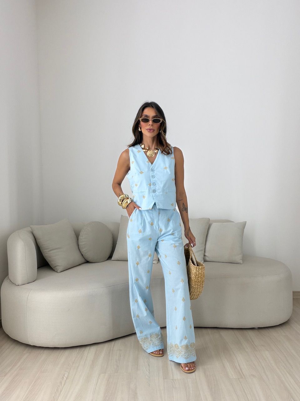CONJUNTO GIOVANA BORDADO AZUL - 0081470109 - CAROLLA FERRARO