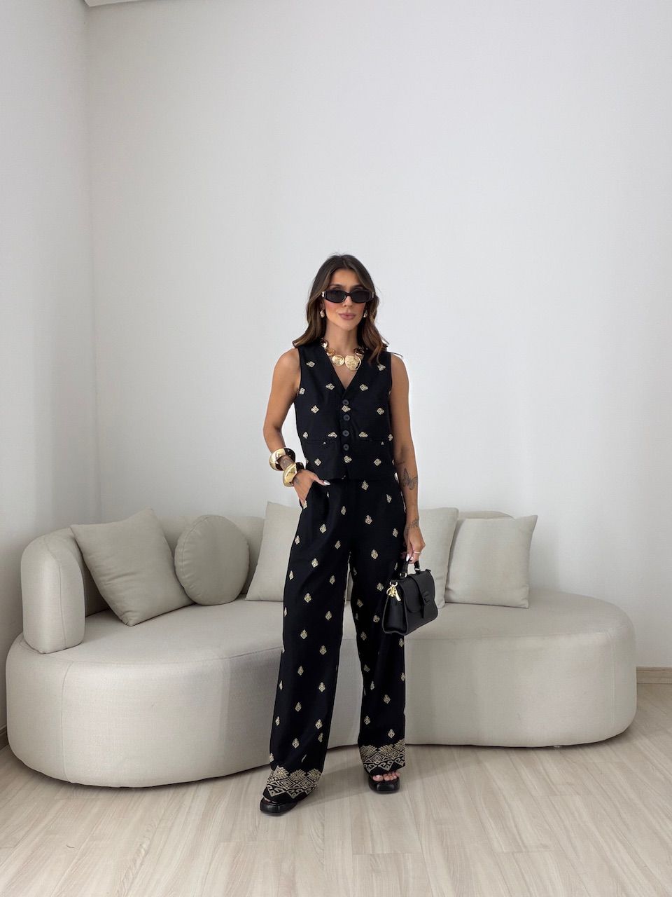 CONJUNTO GIOVANA BORDADO PRETO - 0081470032 - CAROLLA FERRARO
