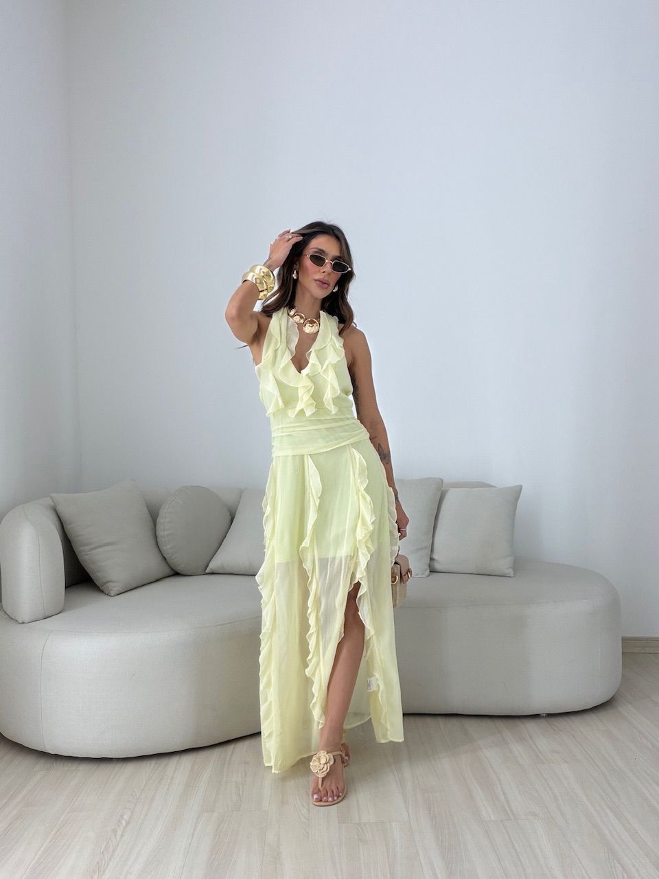 VESTIDO ISABELY BABADOS AMARELO - 0081550111 - CAROLLA FERRARO