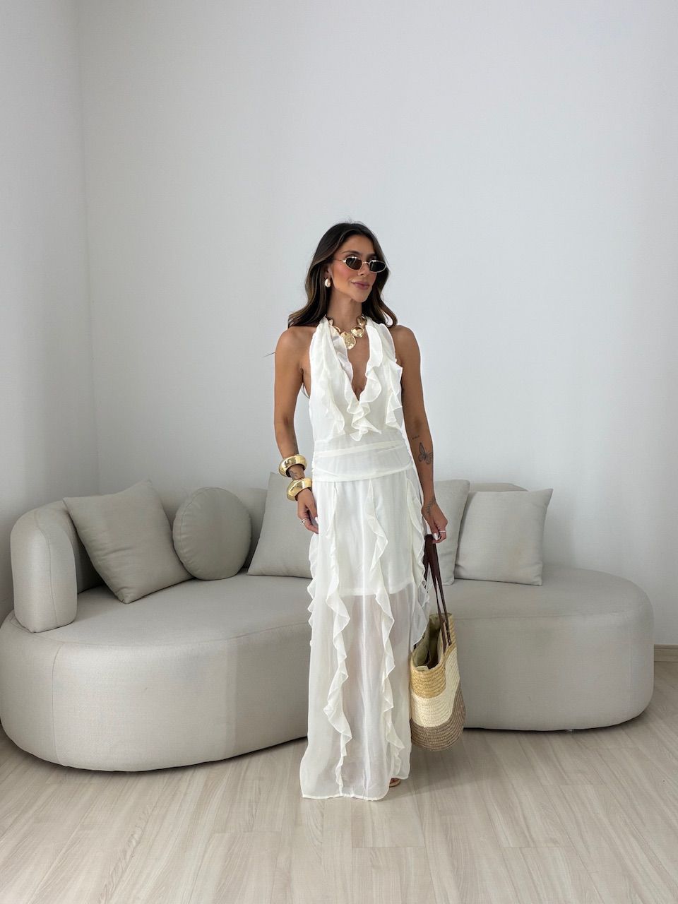 VESTIDO ISABELY BABADOS MARFIM - 0081550056 - CAROLLA FERRARO
