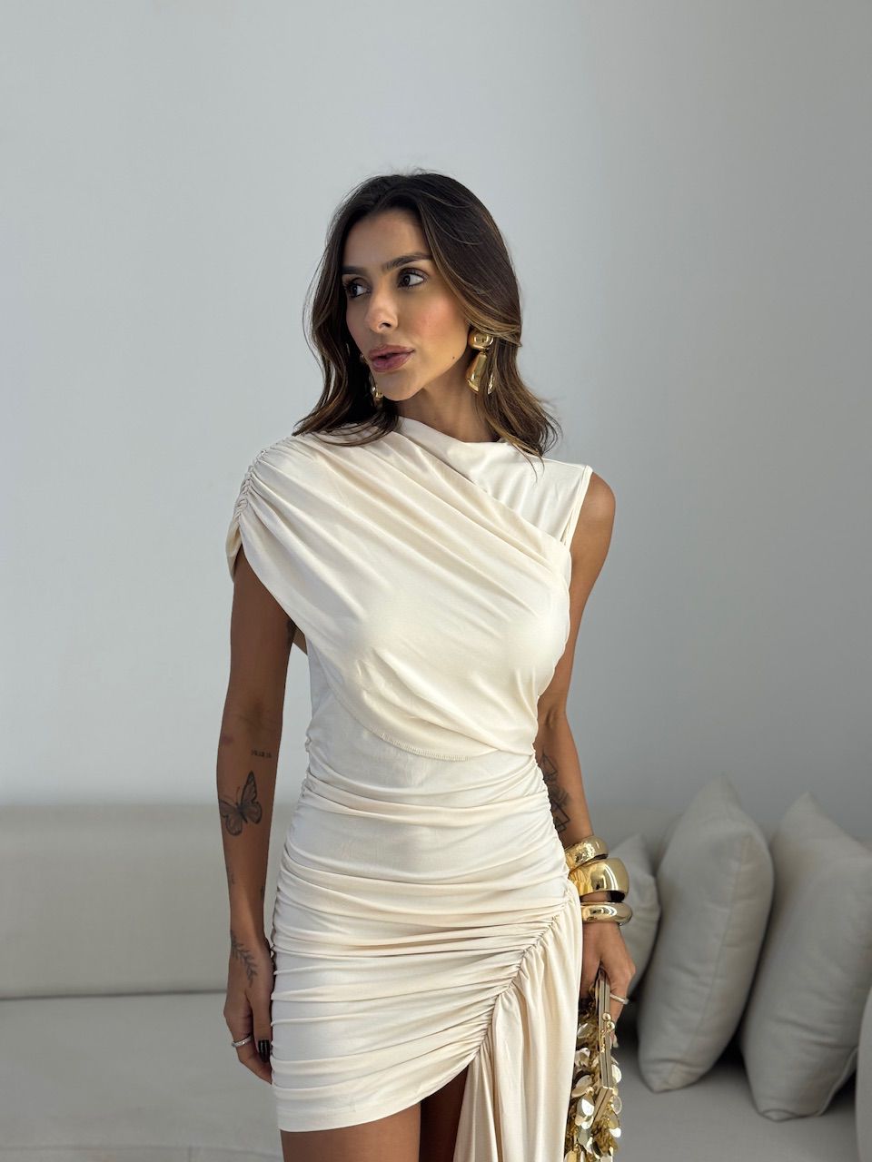 VESTIDO NINA DRAPEADO MARFIM