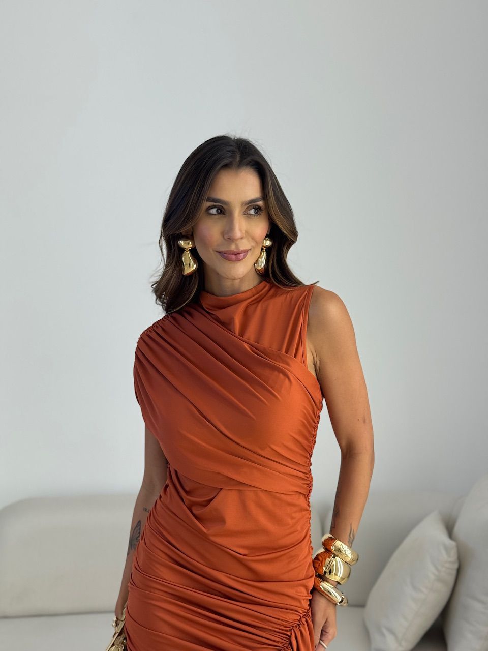 VESTIDO NINA DRAPEADO TELHA