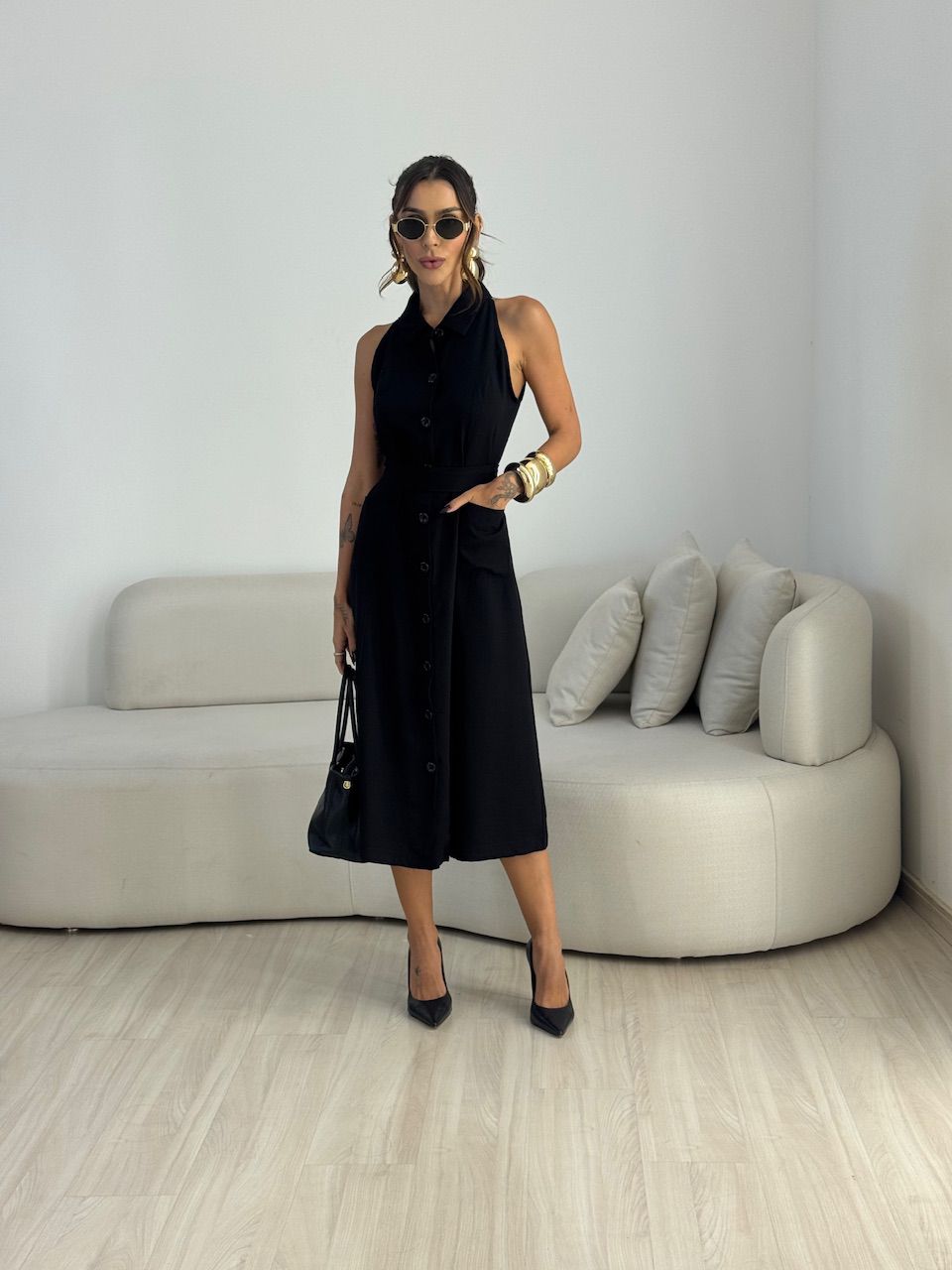 VESTIDO SHEILA BOTÕES PRETO - 0073470032 - CAROLLA FERRARO