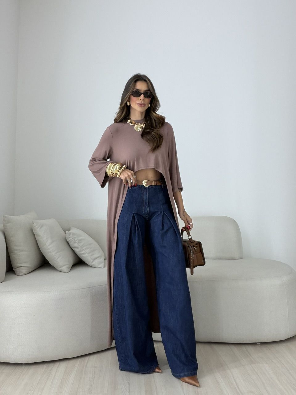 BLUSA JULIANA 02 ASSIMÉTRICA ALONGADA CAQUI