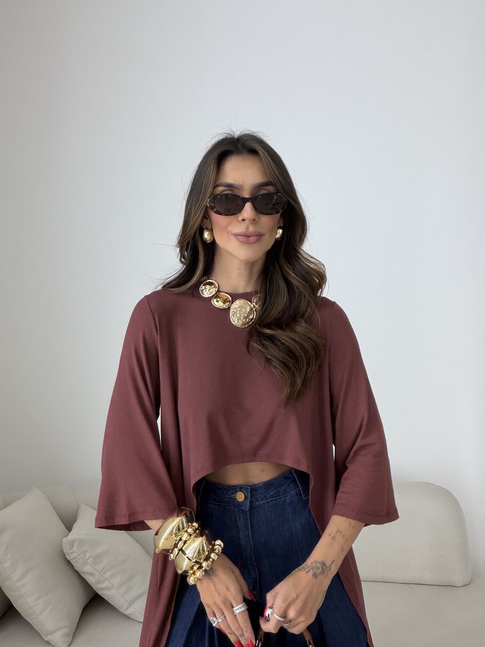 BLUSA JULIANA 02 ASSIMÉTRICA ALONGADA MARROM