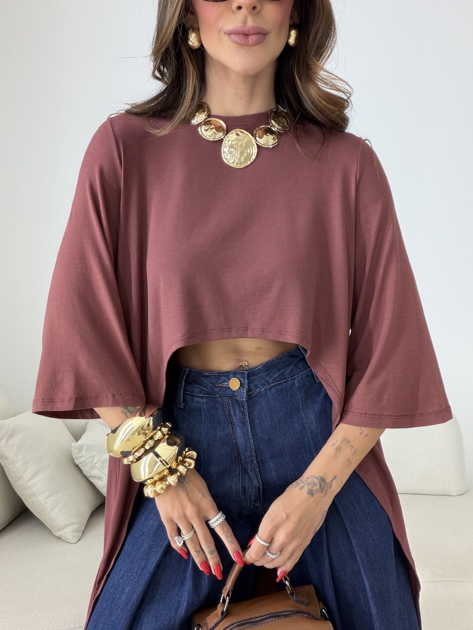 BLUSA JULIANA 02 ASSIMÉTRICA ALONGADA MARROM