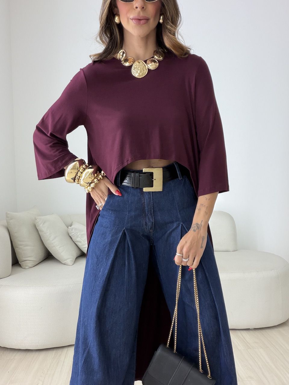 BLUSA JULIANA 02 ASSIMÉTRICA ALONGADA VINHO