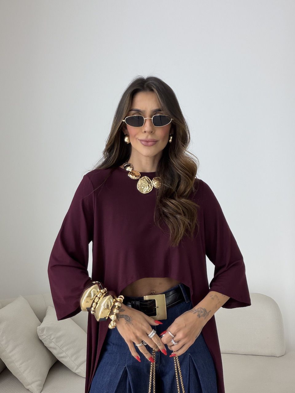 BLUSA JULIANA 02 ASSIMÉTRICA ALONGADA VINHO