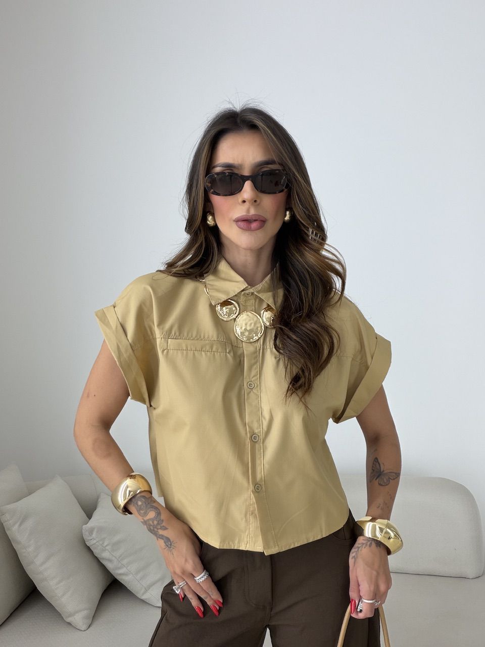 CAMISA CORA CROPPED NUDE - 0079490049 - CAROLLA FERRARO