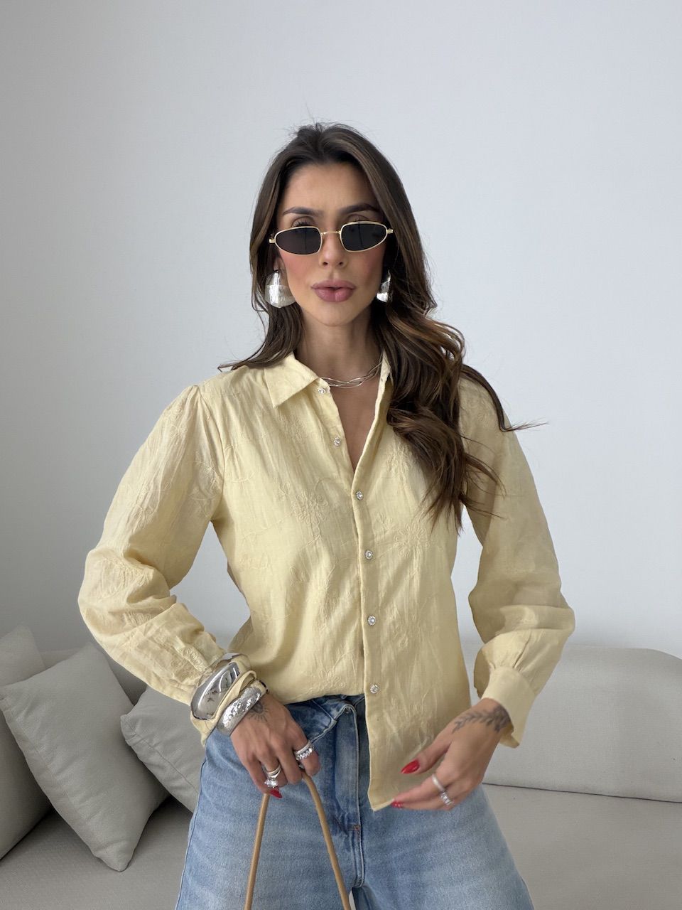 CAMISA GIANE BORDADA NUDE - 0079480049 - CAROLLA FERRARO