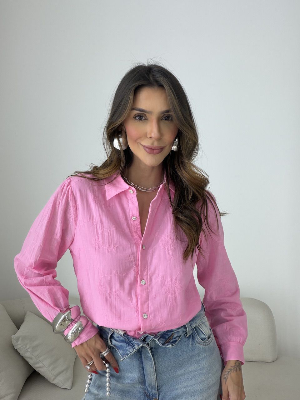 CAMISA GIANE BORDADA PINK - 0079480037 - CAROLLA FERRARO