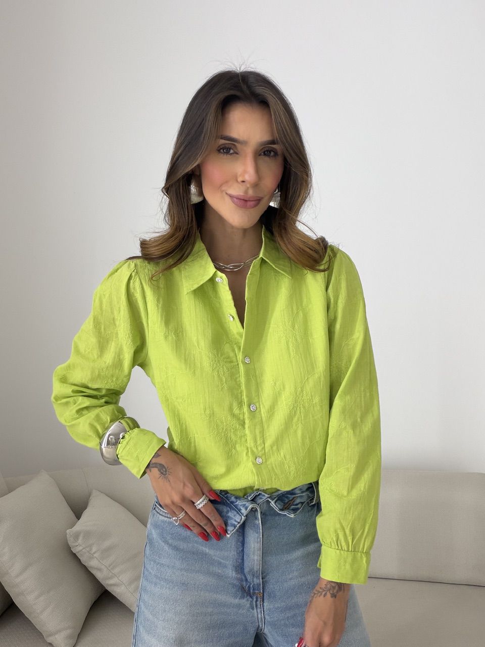 CAMISA GIANE BORDADA VERDE - 0079480014 - CAROLLA FERRARO