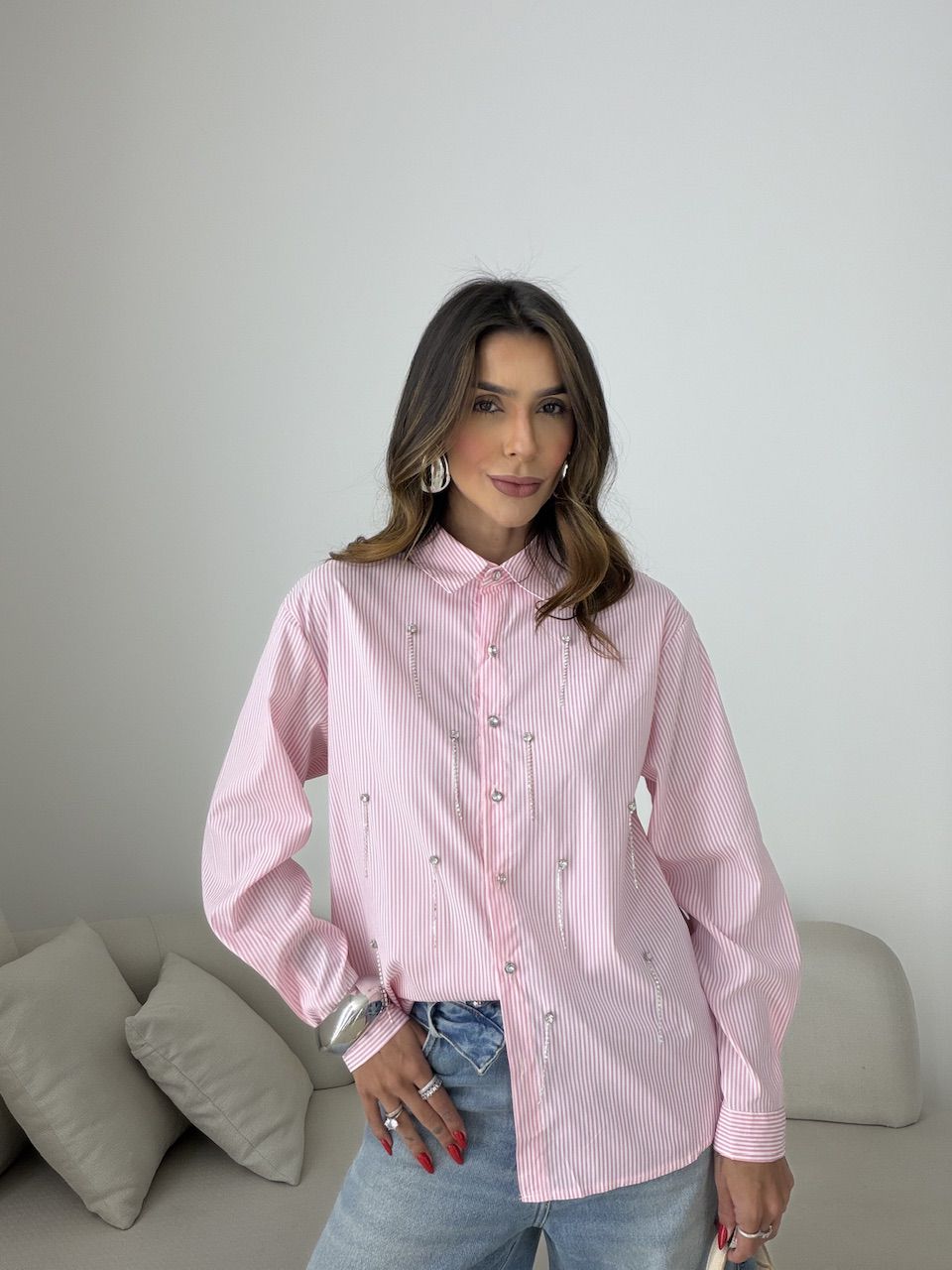 CAMISA LUANA LISTRADA ROSA - 0079510031 - CAROLLA FERRARO