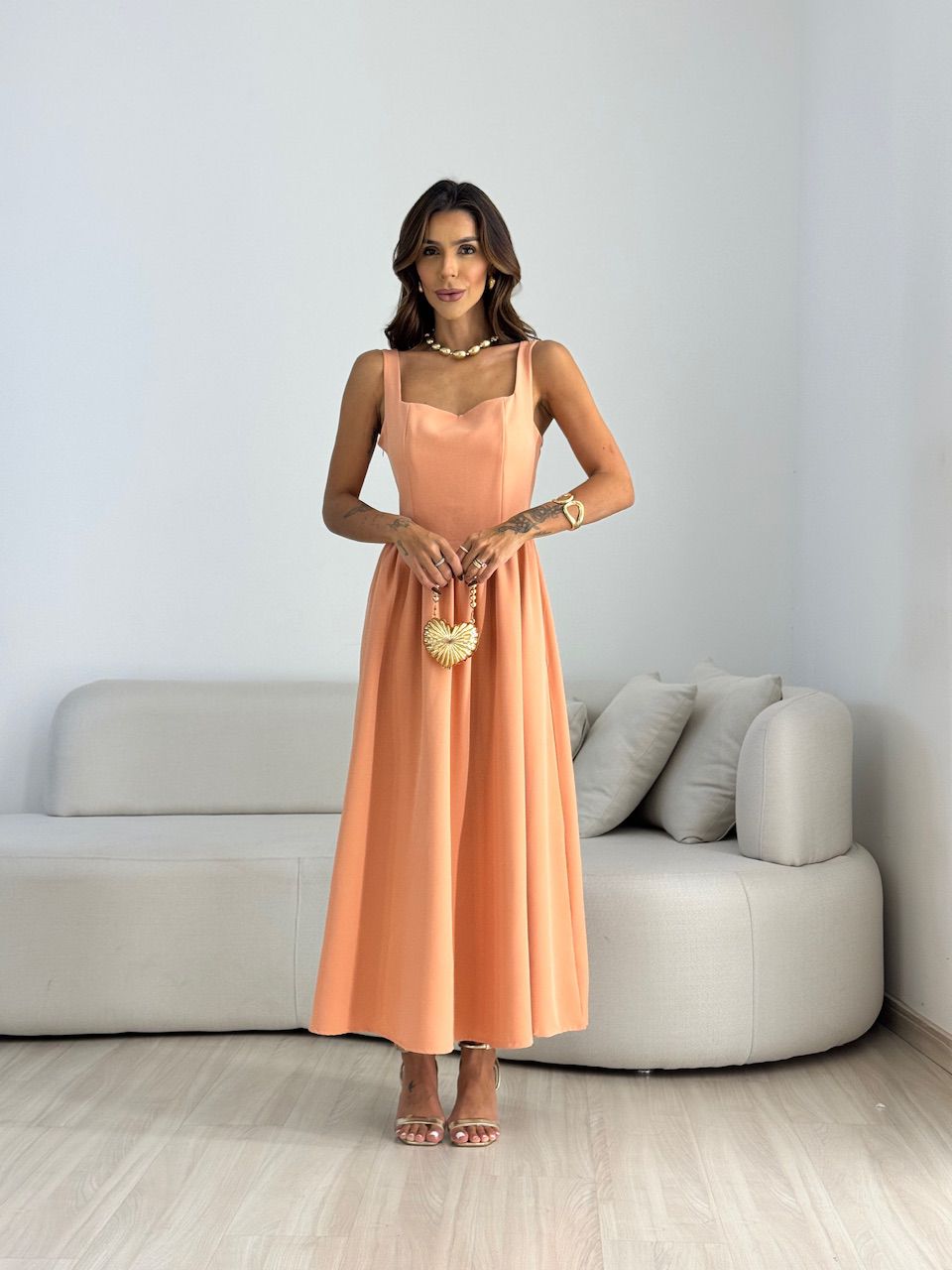 VESTIDO EVA DECOTE QUADRADO PÊSSEGO