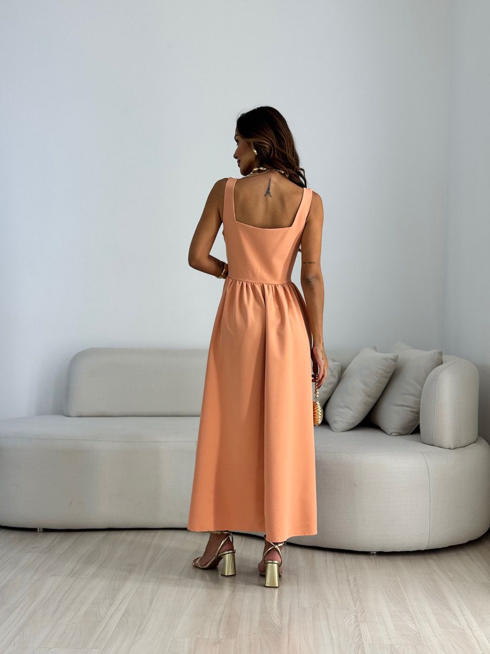 VESTIDO EVA DECOTE QUADRADO PÊSSEGO