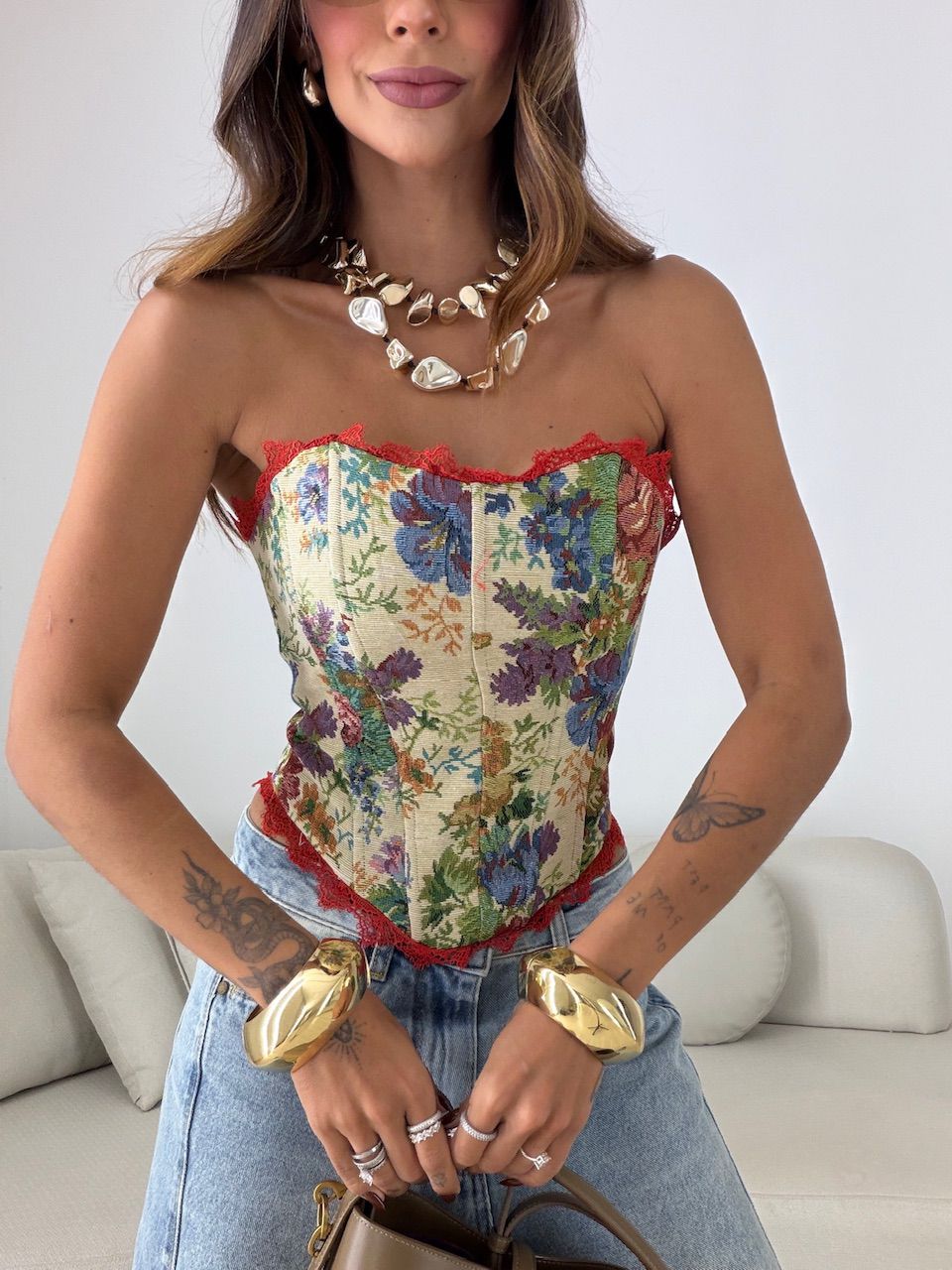 CORSELET CÉLIA ESTAMPADO FLORAL AZUL