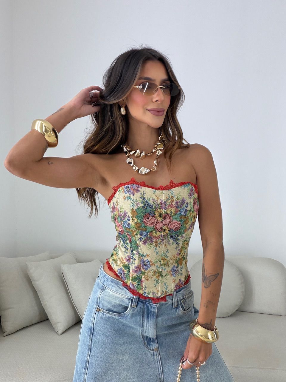 CORSELET CÉLIA ESTAMPADO FLORAL ROSA