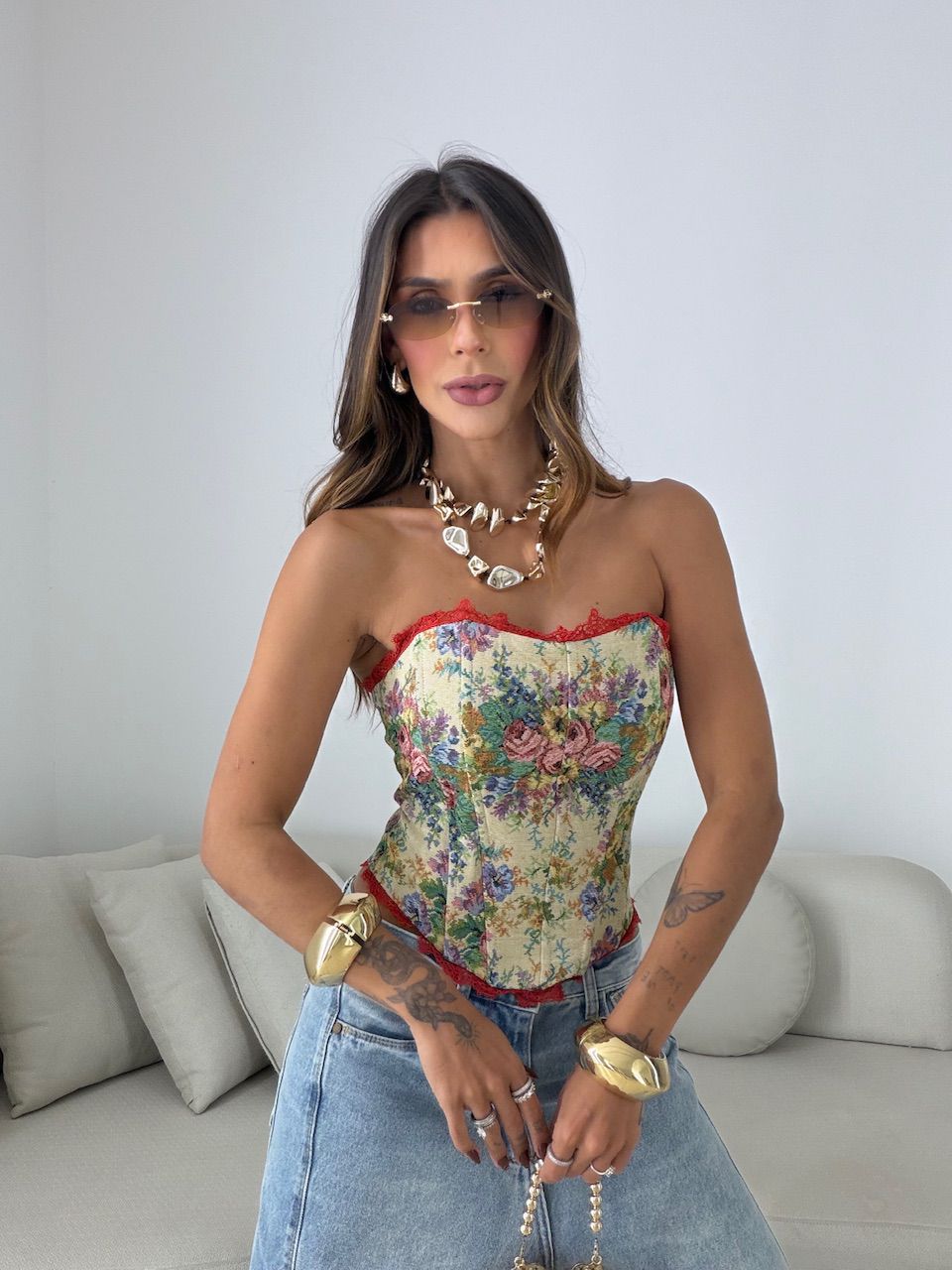 CORSELET CÉLIA ESTAMPADO FLORAL ROSA