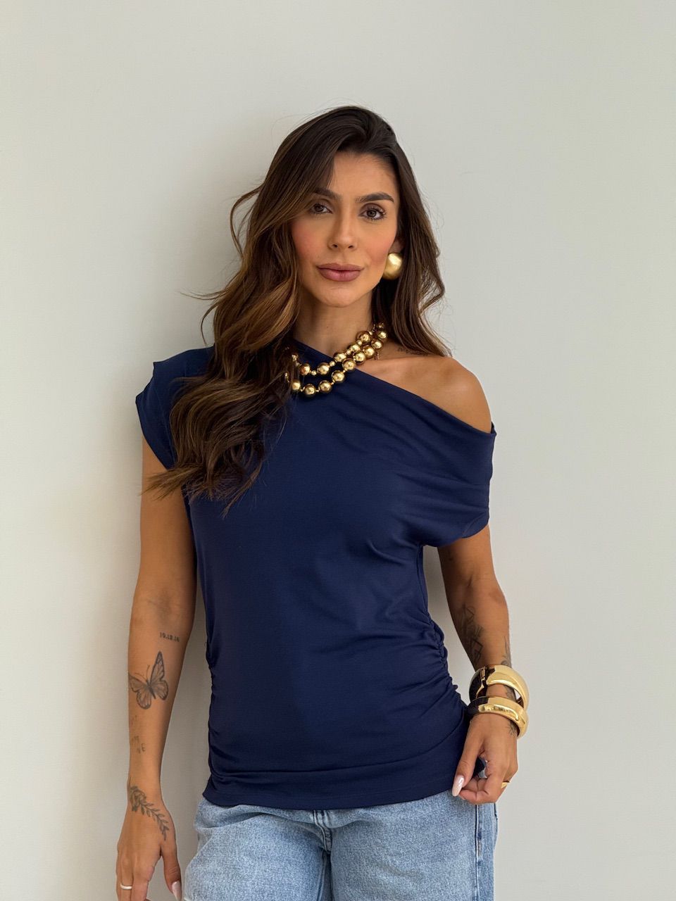 BLUSA ALANIS DRAPEADA MARINHO - 0077020055 - CAROLLA FERRARO