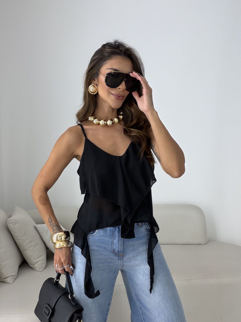 BLUSA FABIANA BABADOS PRETA