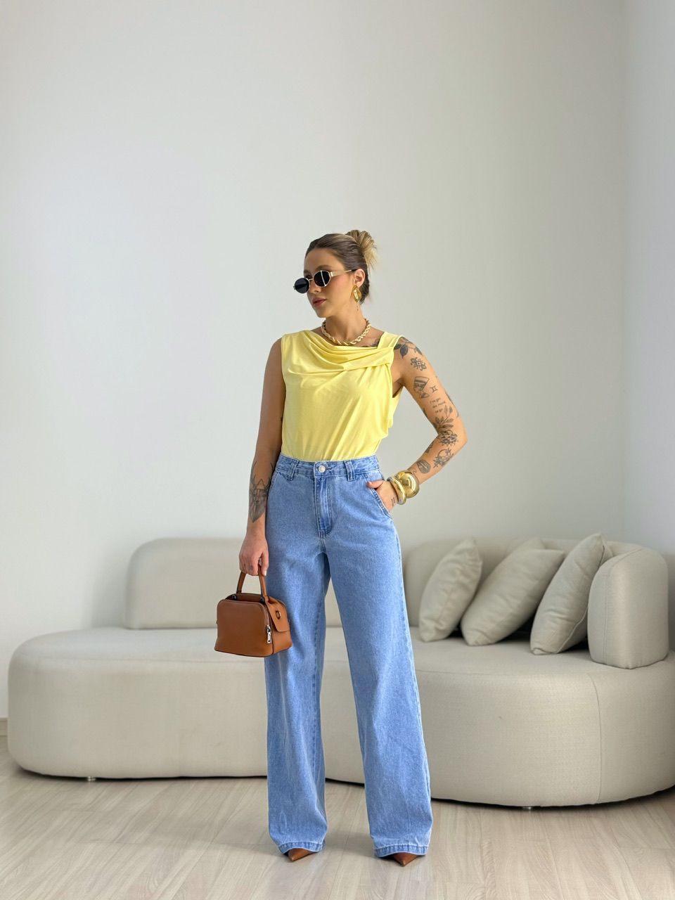 BLUSA CELINE DRAPEADA AMARELA