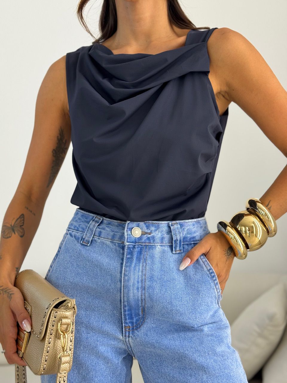 BLUSA CELINE DRAPEADA MARINHO