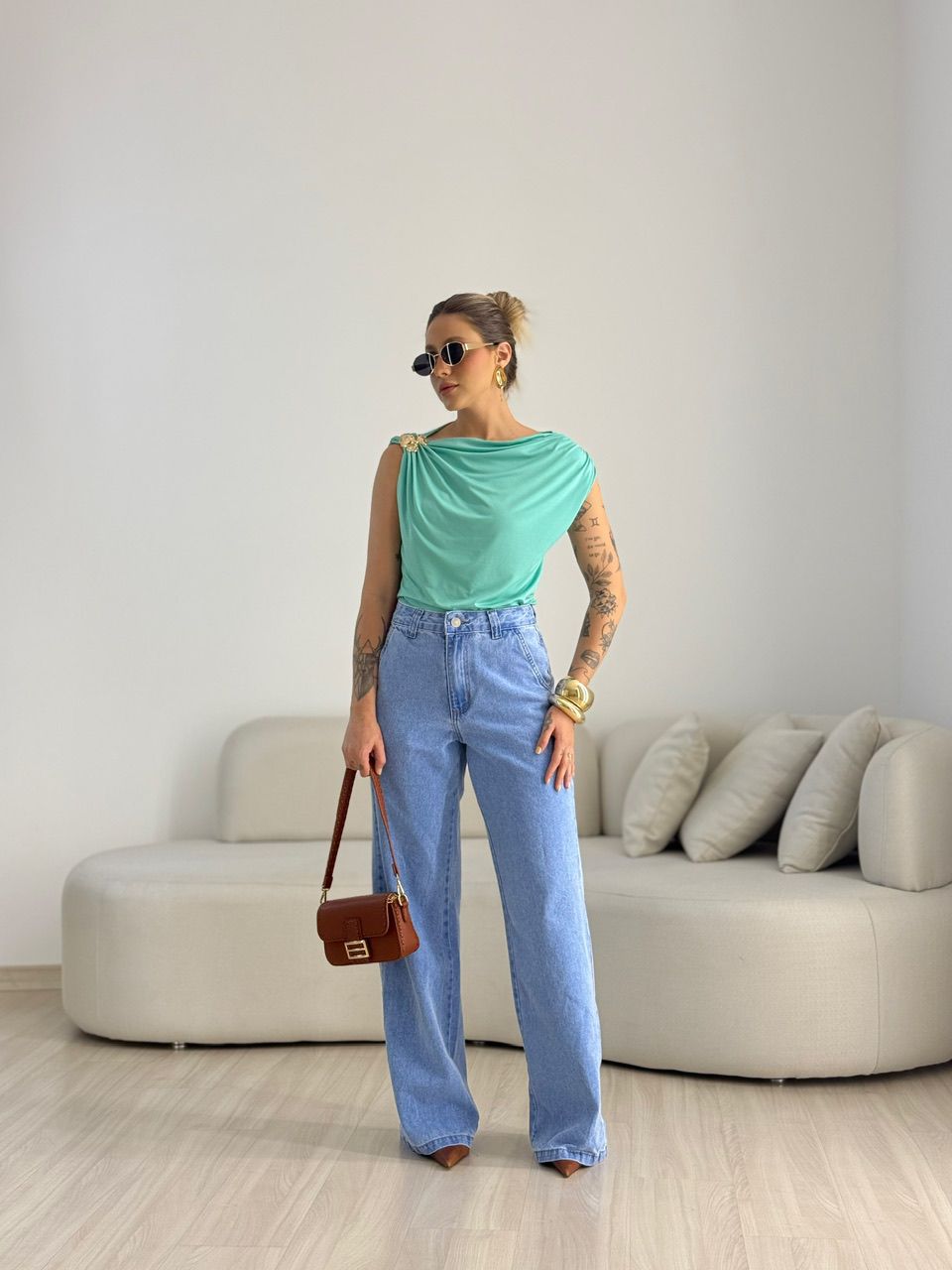 BLUSA CELINE DRAPEADA VERDE ÁGUA