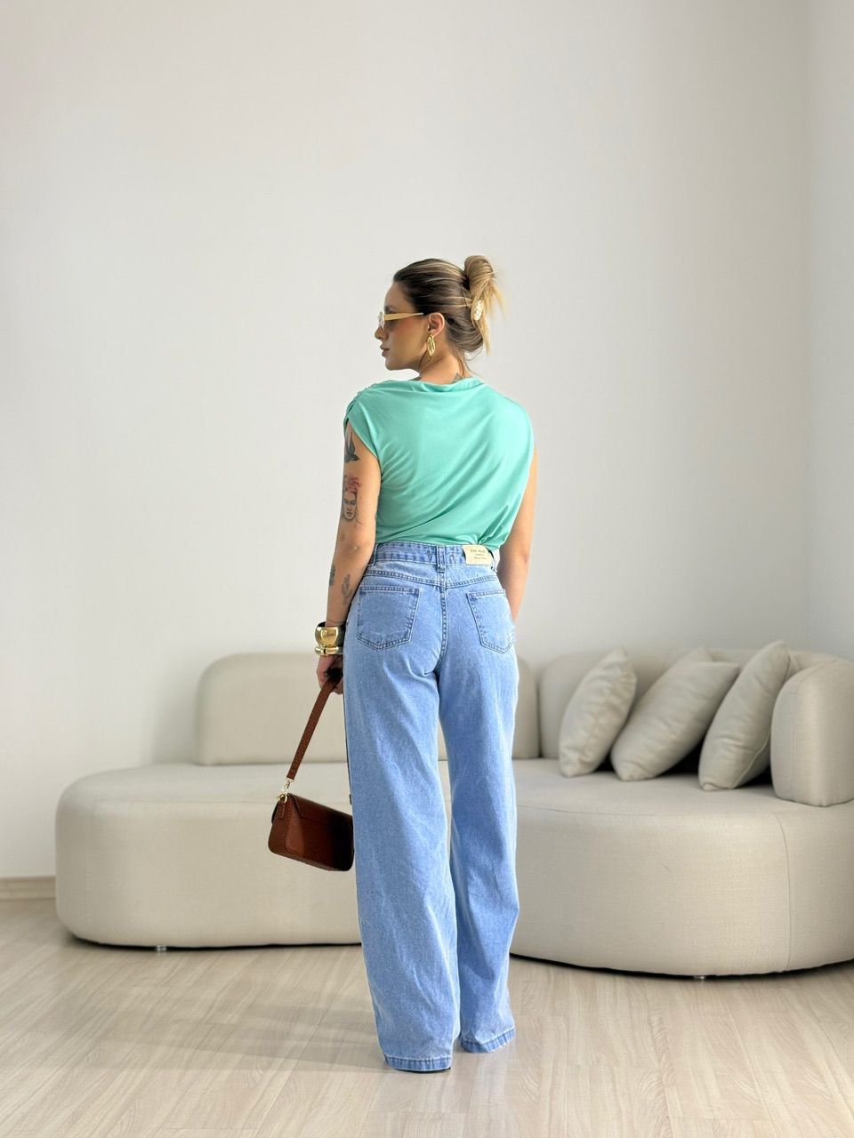 BLUSA CELINE DRAPEADA VERDE ÁGUA