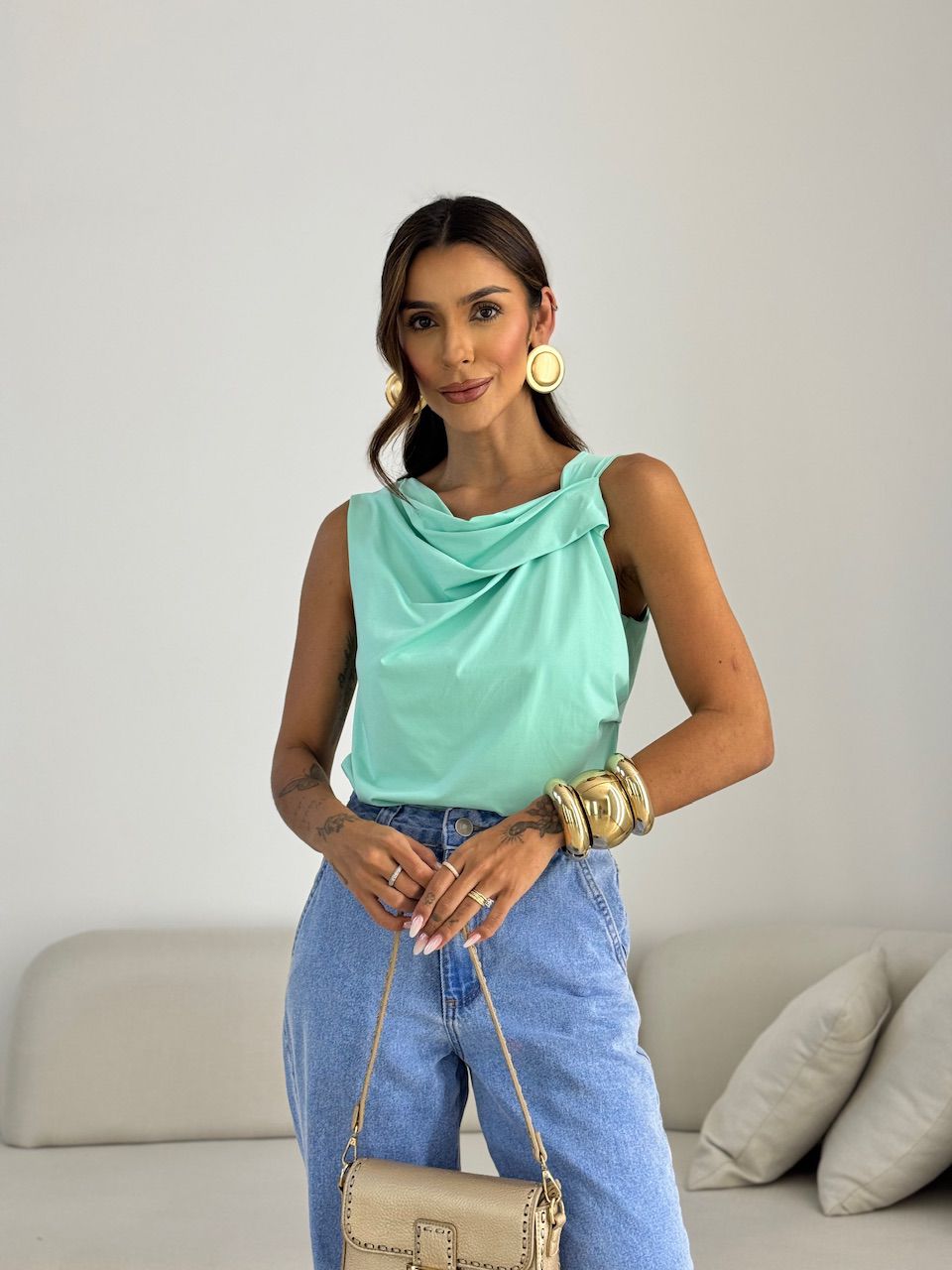 BLUSA CELINE DRAPEADA VERDE ÁGUA - 0069890121 - CAROLLA FERRARO