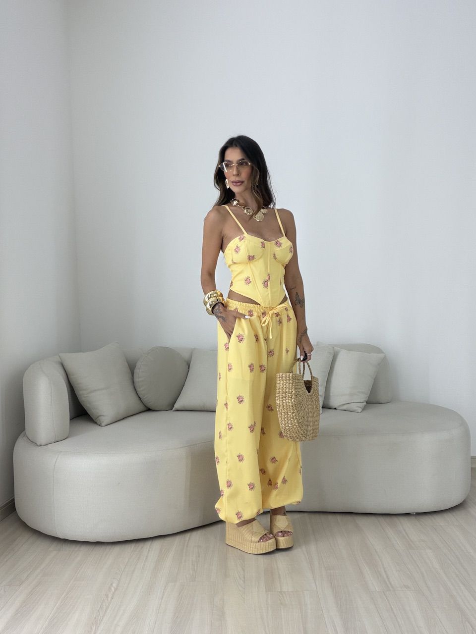 CONJUNTO MALU FLORES AMARELO - 0081590111 - CAROLLA FERRARO