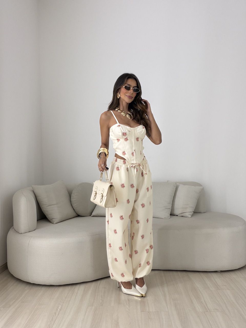 CONJUNTO MALU FLORES CREME - 0081590087 - CAROLLA FERRARO