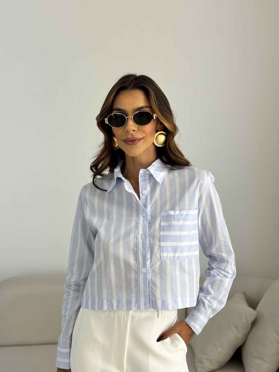 CAMISA RAFAELA CROPPED LISTRAS AZUL - 0071200109 - CAROLLA FERRARO
