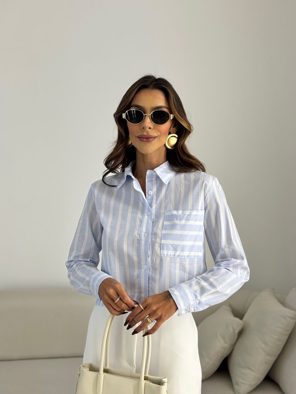 CAMISA RAFAELA CROPPED LISTRAS AZUL