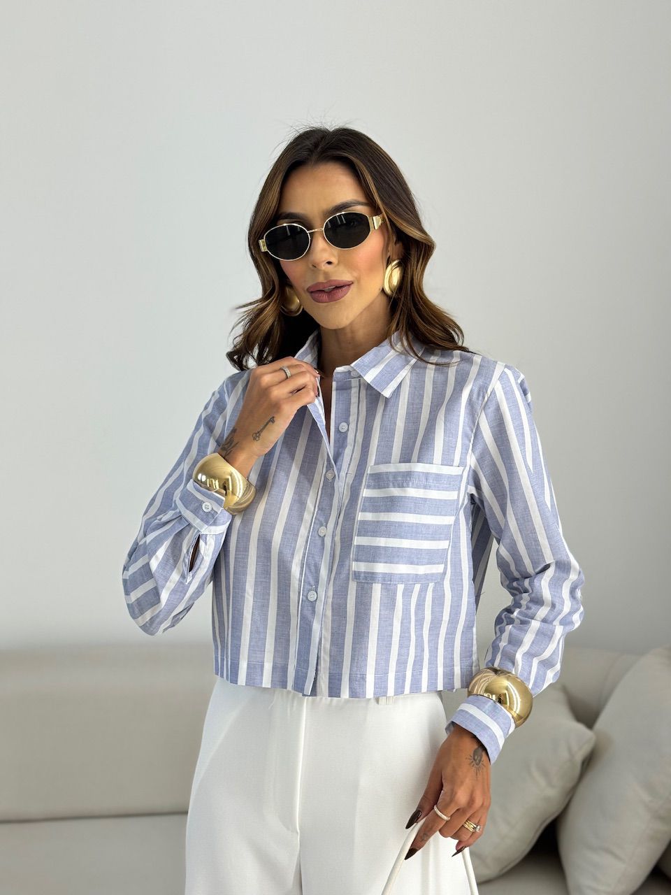 CAMISA RAFAELA CROPPED LISTRAS MARINHO