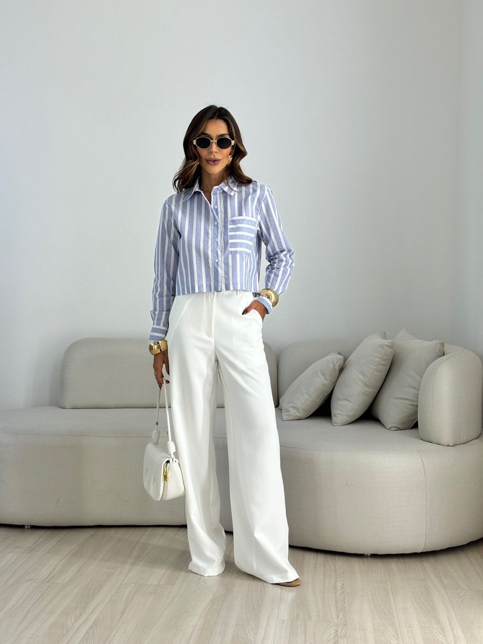 CAMISA RAFAELA CROPPED LISTRAS MARINHO