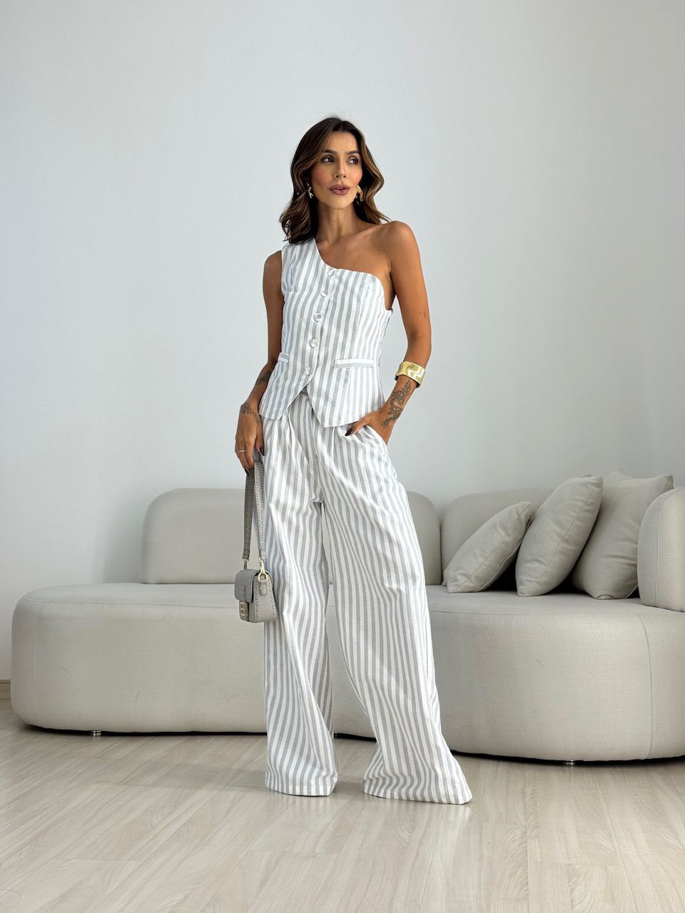 CONJUNTO MOANA LISTRADO CINZA - 0071170091 - CAROLLA FERRARO