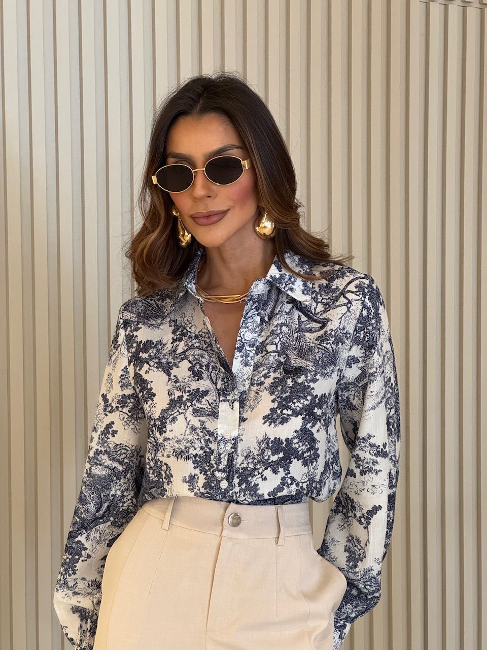 CAMISA ISADORA ESTAMPADA MARINHO - 0075680055 - CAROLLA FERRARO