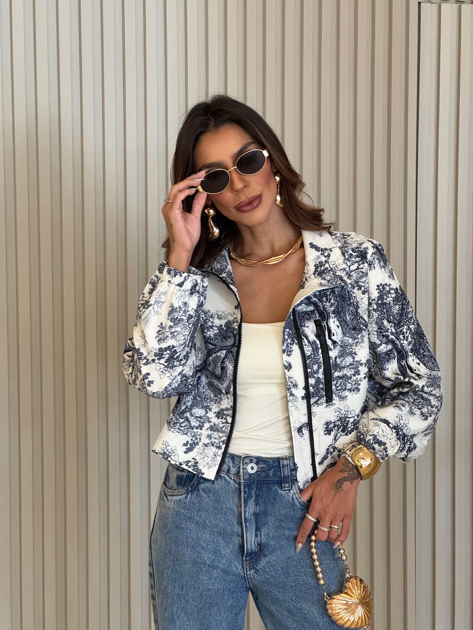 JAQUETA CATARINA ESTAMPADA MARINHO - 0075690055 - CAROLLA FERRARO