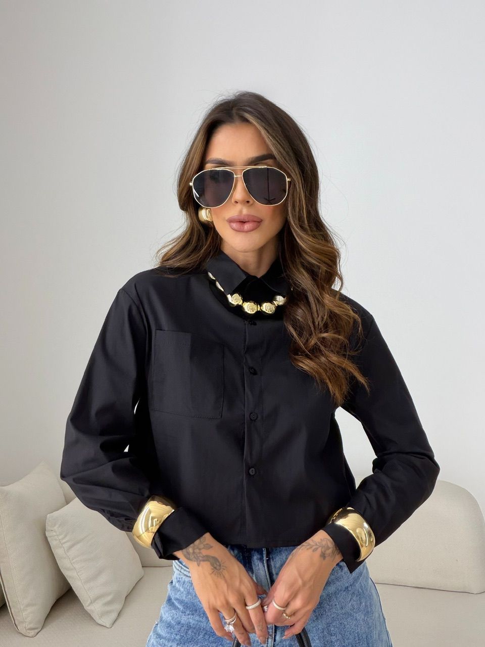 CAMISA MADALENA BOLSOS PRETO - 0079610032 - CAROLLA FERRARO