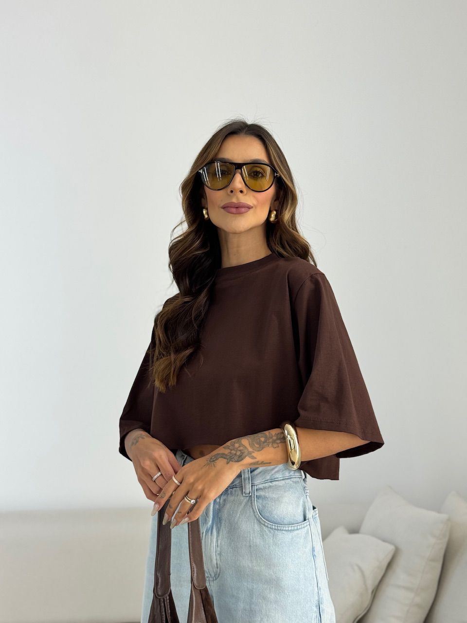 CROPPED REBECA CF MANGUINHA MARROM